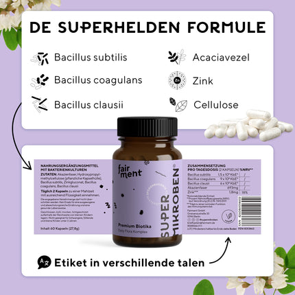 fairment SuperMicrobes® baktēriju celmi 3 miljardi CFU/dienas devā, ar cinku, vegāniski, histamīnu neitralizējoši un ar augstu devu, 60 kapsulas no Vācijas