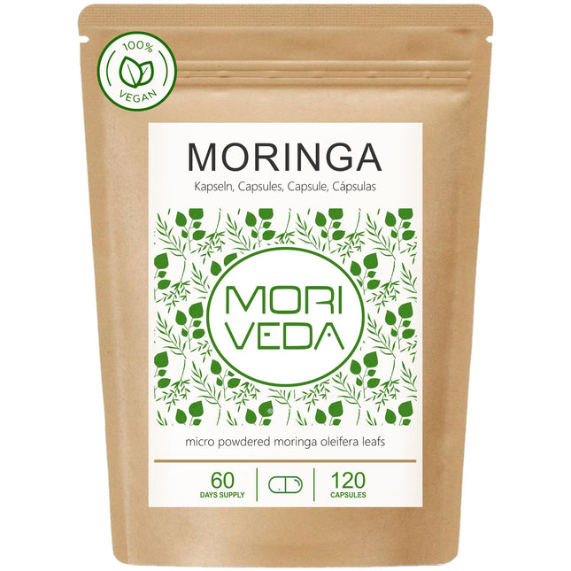 Moringa kapsulas 1000 mg - 60 dienu piegāde - Vegāns - bez ķīmiskām piedevām - Bez laktozes, fruktozes, glutēna - Vairāk nekā 90 uzturvielu, olbaltumvielu, vitamīnu un daudz ko citu. - MoriVeda - 120 kapsulas