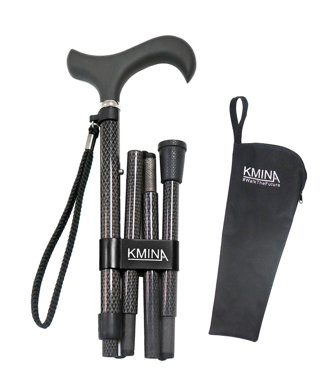KMINA PRO - Saliekams nūjas nūjiņš no oglekļa šķiedras, Sieviešu augstuma regulējams, Vīriešu elegants, Melns nūjiņš, Viegls, Saliekams, Oglekļa šķiedra