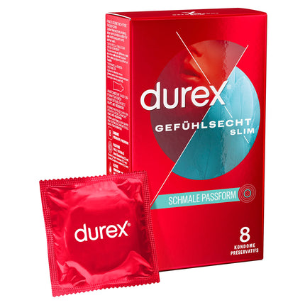 [JAUNS] Durex Feeling Slim prezervatīvi – plāni prezervatīvi ar šauru piegriezumu un lubrikēti ar silikona gēlu – 8 gab. iepakojumā (1 x 8 gab.)