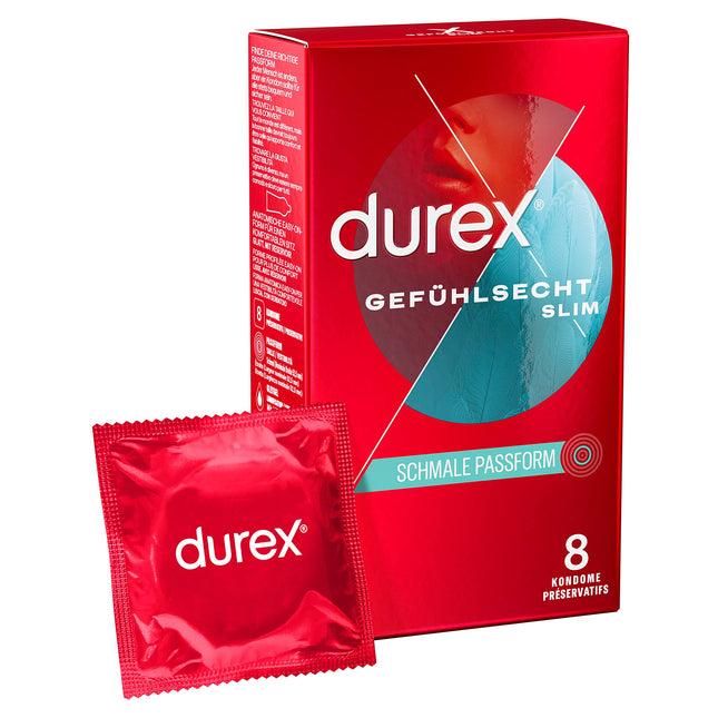 [JAUNS] Durex Feeling Slim prezervatīvi – plāni prezervatīvi ar šauru piegriezumu un lubrikēti ar silikona gēlu – 8 gab. iepakojumā (1 x 8 gab.)