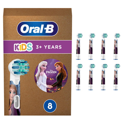 Oral-B Kids Frozen elektriskās zobu birstes rezerves birstes galviņas, 8 gab., īpaši mīksti sariņi, oriģinālā zobu birstes galviņa, bērniem no 3 gadu vecuma, iepakojums, kas iepakojams pastkastītē.