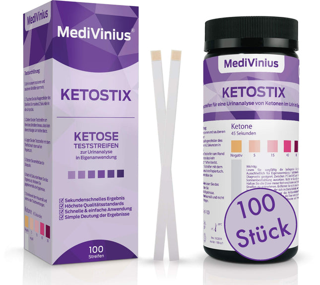 KETOSTIX® 100 gabaliņi tūlītējiem ketozes rezultātiem | Ketonu testa strēmeles efektīvai keto uztura un diētas noteikšanai | Ketosticks, ketonu stienīši urīnā