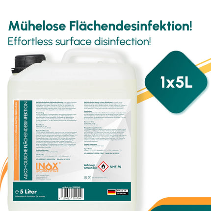 INOX® virsmu dezinfekcijas līdzeklis 5L – spirta bāzes virsmu dezinfekcijas līdzeklis visām gludām virsmām – ļoti efektīvs virsmu dezinfekcijas līdzeklis