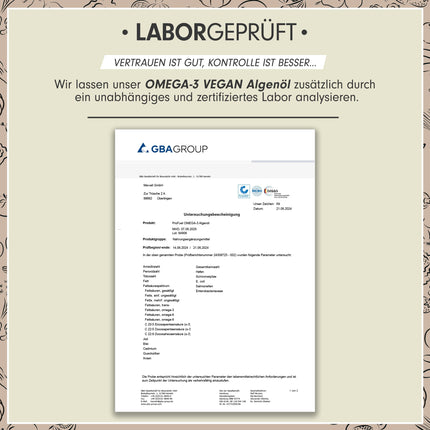 Omega-3 aļģu eļļa 100 ml - augsta deva ar 3665 mg aļģu eļļas, tostarp 1203 mg DHA un 667 mg EPA - vegāna Omega-3 eļļa + Ahiflower® eļļa ar patīkamu apelsīnu garšu - laboratoriski pārbaudīta ar sertifikātu