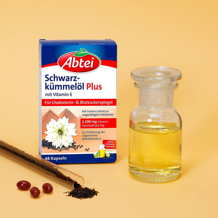 Abtei melnā ķimeņu eļļa Plus - ar E vitamīnu - uztura bagātinātājs holesterīna un cukura līmeņa asinīs regulēšanai - 1 x 48 kapsulas