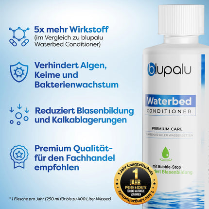 blupalu ūdensgultas kondicionieris Premium Care – 8 x 250 ml – ūdensgultas kondicionieris pret smakām un aļģēm, paredzēts visiem ūdens matračiem un sistēmām no visiem pazīstamākajiem ražotājiem.