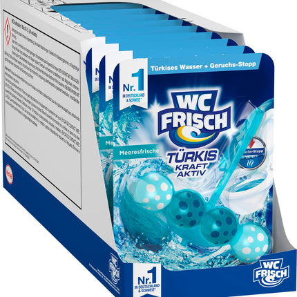 WC-Fresh Power Active Turquoise Rinse Sea Fresh (10 iepakojumi), tualetes tīrīšanas līdzeklis redzamai tīrīšanai ar tirkīza ūdeni, smaržakmeņi intensīvam tualetes aromātam