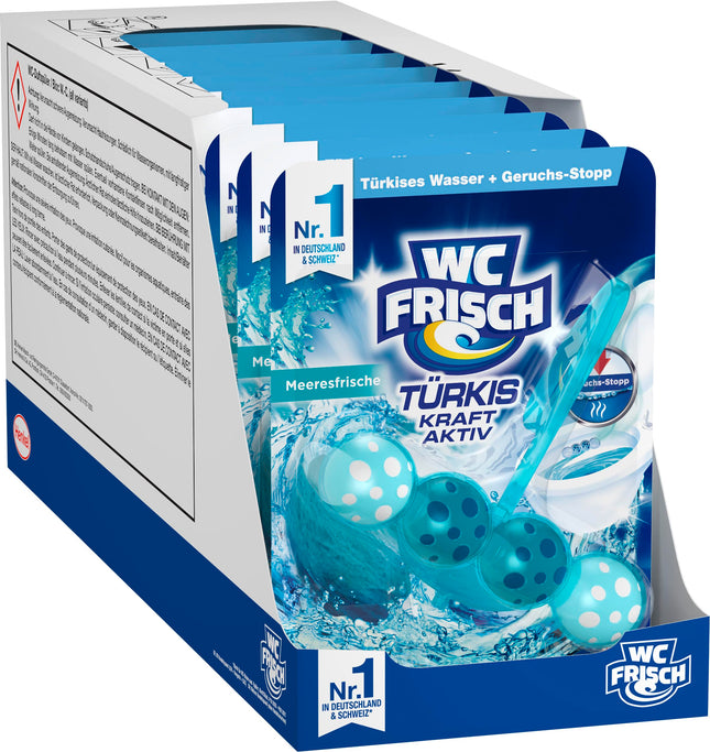 WC-Fresh Power Active Turquoise Rinse Sea Fresh (10 iepakojumi), tualetes tīrīšanas līdzeklis redzamai tīrīšanai ar tirkīza ūdeni, smaržakmeņi intensīvam tualetes aromātam
