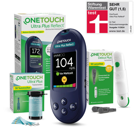 OneTouch Ultra Plus Reflect asins glikozes līmeņa kontroles sistēma diabēta (cukura slimības) ārstēšanai, ieskaitot 1 asins glikozes mērītāju (mg/dl), 40 testa strēmeles, 1 lancetes, 40 lancetes, 1 pārnēsāšanas maciņu, 2 baterijas
