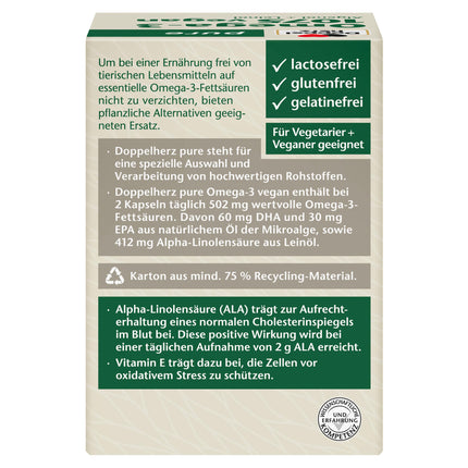 Doppelherz tīra Omega-3 1075 vegāns - Aļģu eļļa + linsēklu eļļa - Alfa-linolēnskābe veicina normāla holesterīna līmeņa uzturēšanu - 80 kapsulas