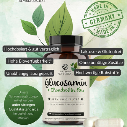 Surpresa dabīgās glikozamīna un hondroitīna kapsulas ar augstu devu I 1 x 195 kapsulas I 1500 mg glikozamīna un 1200 mg hondroitīna vienā dienas devā I Uztura bagātinātājs bez piedevām un laboratoriski pārbaudīts