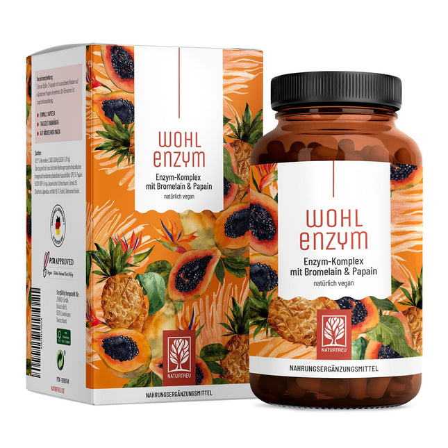 Wohlenzym enzīmu komplekss ar 800 mg bromelaīna (5000 FIP), papaīnu, rutīnu - ananāsu un papaijas vegānisks enzīms - imūnsistēmas* atbalsts - kuņģa sulu izturīgas kapsulas no NATURTREU®