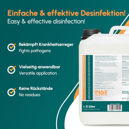 INOX® virsmu dezinfekcijas līdzeklis 5L – spirta bāzes virsmu dezinfekcijas līdzeklis visām gludām virsmām – ļoti efektīvs virsmu dezinfekcijas līdzeklis