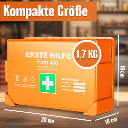 HELDENWERK Erste Hilfe Kasten nach neuer DIN 13157:2021 inkl. Wandhalterung & Aufklebern|Universal Erste Hilfe Koffer für Betrieb, Haushalt oder Gastronomie - Büro Verbandskasten gefüllt, Sanikasten