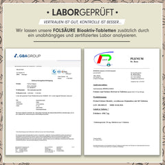 Folijskābe BIOAKTIV 400µg - 365 folskābes tabletes ar bioaktīvo L-5-MTHF folskābi - optimāli dozētas auglībai un grūtniecībai - laboratoriski pārbaudītas ar sertifikātu - 100% vegānas - viena gada krājums