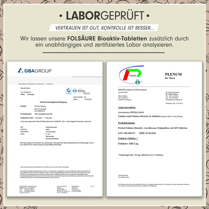 Folijskābe BIOAKTIV 400µg - 365 folskābes tabletes ar bioaktīvo L-5-MTHF folskābi - optimāli dozētas auglībai un grūtniecībai - laboratoriski pārbaudītas ar sertifikātu - 100% vegānas - viena gada krājums