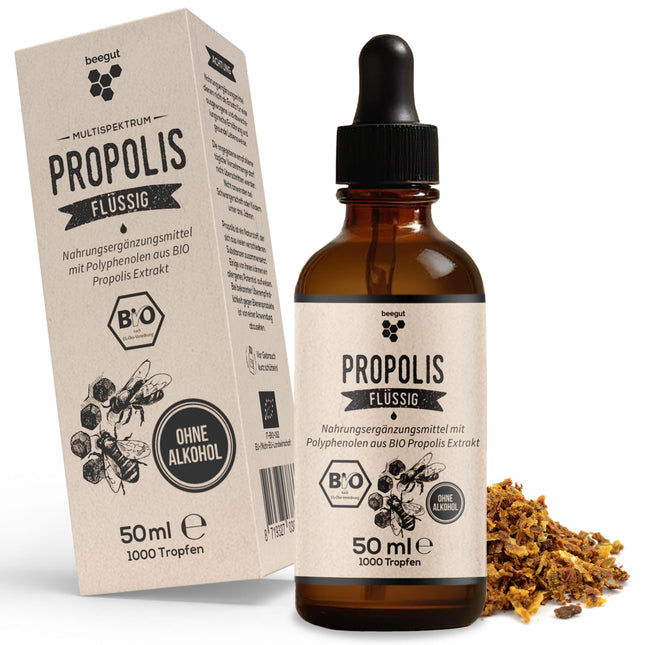 beegut ORGANISKĀS propolisa pilieni šķidrumā bez spirta, 50 ml ūdenī šķīstoša tinktūra ar ORGANISKĀS propolisa ekstraktu, standartizēta kvalitāte, ilgtspējīgs iepakojums (50 ml)