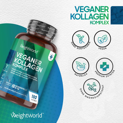 Vegānu kolagēna kapsulas - ar hialuronskābi, cinku, MSM, C un E vitamīniem, resveratrolu - 180 kapsulas - kolagēna pastiprinošs komplekss - ādai, matiem un kolagēna veidošanai - laboratoriski pārbaudīts - WeightWorld
