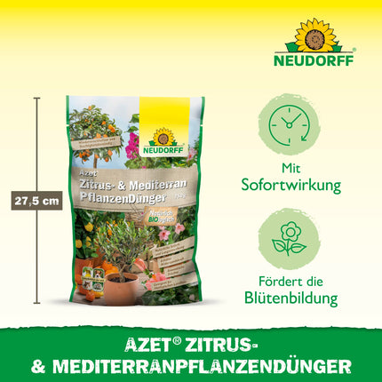Neudorff Azet citrusaugļu un Vidusjūras augu mēslojums – organisks lēnas iedarbības mēslojums ar mikorizu veicina aromātisku augļu, piemēram, citronu, apelsīnu un olīvu, attīstību, 750 g, brūns