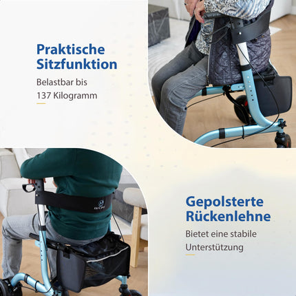 Safe Age salokāms un viegls rollators ar sēdekli - staigāšanas palīglīdzeklis senioriem, rollators mājām iekštelpās un ārā - ar atzveltni un nūjas turētāju