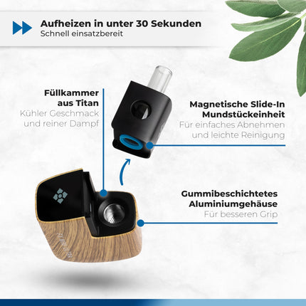 WOLKENKRAFT FX MINI ULTRA Premium Vaporizer - USB-C | Magnētiski ievietojams iemutiķis | Titāna kamera | Temperatūra 100–220 °C | Darbības taimeris 3–5 min. | 100% konvekcija *koka izskats*