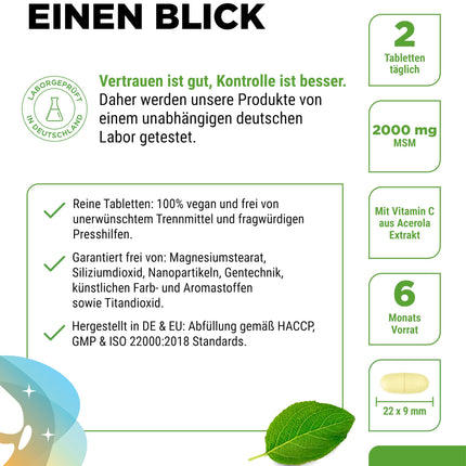 MSM 2000 mg - 365 tabletes - Ar dabīgu C vitamīnu no acerolas - Bez piedevām - 6 mēnešu krājumi - Augsta deva - Laboratorijā pārbaudīts - Vegāns