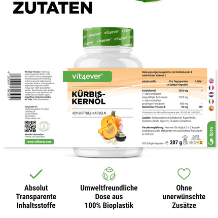 Ķirbju sēklu eļļa - 420 kapsulas - 3000 mg dienā - Ar dabīgo E vitamīnu - Augsta deva - Dabīga un auksti spiesta - Laboratorijā pārbaudīta