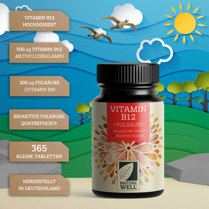 Augstas devas B12 vitamīns — 365 tabletes ar 500 µg B12 vitamīna + 200 µg folskābes vienā tabletē — ar metilkobalamīnu, adenozilkobalamīnu un hidroksokobalamīnu (B12 vitamīnu) — laboratoriski pārbaudīts ar sertifikātu — 100% vegāns
