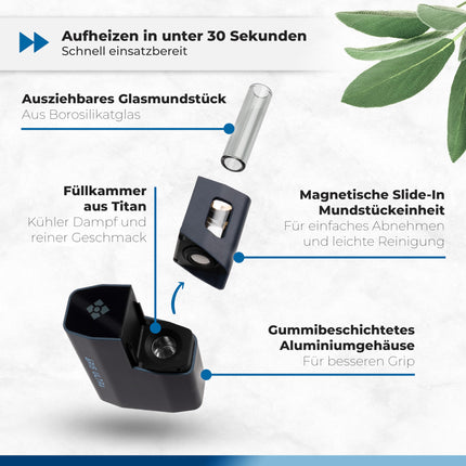 WOLKENKRAFT ÄRiS ULTRA Premium iztvaicētājs - USB-C | Titāna kamera | Temperatūra 100–220 °C | Darbības taimeris 3–7 min. | ECA konvekcijas tehnoloģija *Nakts zila*