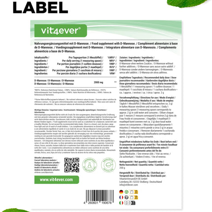 D-mannozes pulveris - 250 g - (4,1 mēneša piegāde) - No augu fermentācijas - Laboratorijā pārbaudīts - Tīrs un dabīgs - Bez piedevām - Vegāns