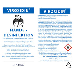 Viroxidin roku dezinfekcijas līdzeklis - 500 ml Eurodispenser pudele - pretvīrusu iedarbība - iznīcina 99% baktēriju - 83% spirta (etanola) - ierīvējams roku dezinfekcijas līdzeklis pret baktērijām, vīrusiem un sēnītēm - 500 ml (430 g)