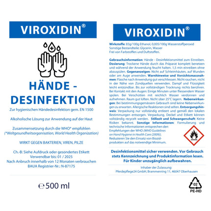 Viroxidin roku dezinfekcijas līdzeklis - 500 ml Eurodispenser pudele - pretvīrusu iedarbība - iznīcina 99% baktēriju - 83% spirta (etanola) - ierīvējams roku dezinfekcijas līdzeklis pret baktērijām, vīrusiem un sēnītēm - 500 ml (430 g)