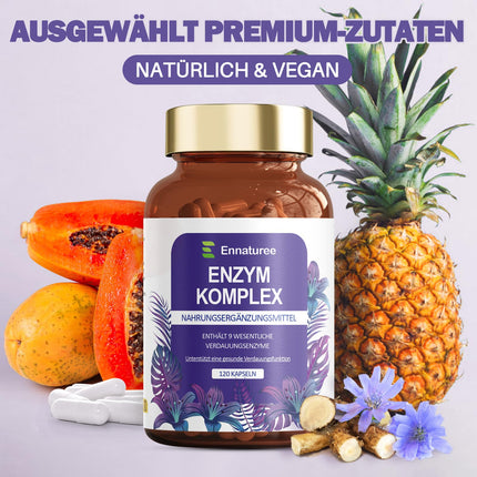 9 gremošanas enzīmi ar bromelaīnu, papaīnu, amilāzi, proteāzi, laktāzi, lipāzi, celulāzi, glikoamilāzi, maltāzi – enzīmu komplekss ar inulīnu gremošanai un imūnsistēmai, 120 vegāniskas kapsulas