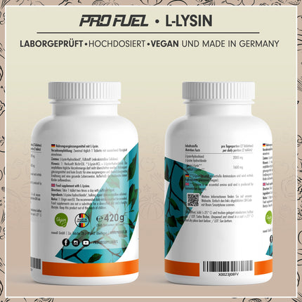L-lizīna tabletes 365x - optimāli augsta deva ar 2000 mg lizīna hidrohlorīda dienā, no kuriem 1600 mg tīra L-lizīna - fermentācijas ceļā iegūta neaizvietojamā aminoskābe - 100% vegāns - laboratorijā pārbaudīts ar sertifikātu