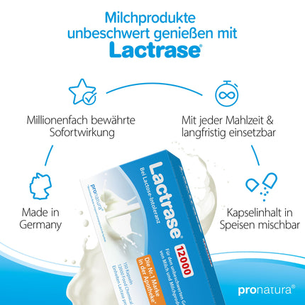 pro natura Lactrase 12000 – 150 laktāzes kapsulas laktozes nepanesības gadījumā, lai bezrūpīgi baudītu pienu un piena produktus