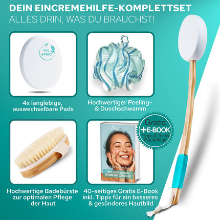 BELAVENA© muguras krēmveida līdzeklis | Uzlabota koncepcija 2025. gadam — optimāla muguras kopšana ar muguras krēmeri/muguras birsti, ieskaitot 4 nomaināmus spilventiņus — muguras krēmeris/muguras krēma līdzeklis