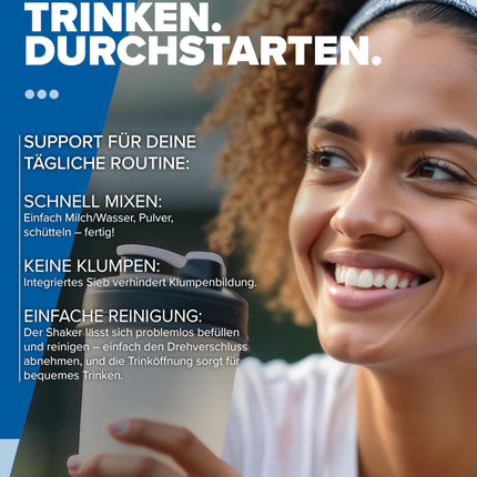 IronMaxx proteīna kratītājs - naktsmelns 700ml | Olbaltumvielu kratītājs ar skrūvējamu vāciņu, sietu un mērīšanas skalu | Neizplūstošs, mazgājams trauku mazgājamā mašīnā un bez plastifikatoriem BPA un DEHP