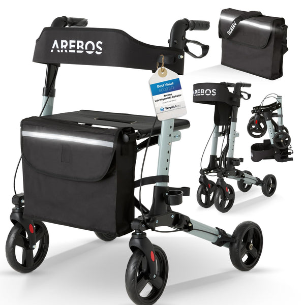 Arebos vieglais alumīnija rollators | Ceļojuma rollators ar 6 augstuma regulēšanu | Salokāms | Iekļauts spieķa turētājs un noņemama iepirkumu soma | Staigāšanas rāmis ar bloķēšanas funkciju | Melns