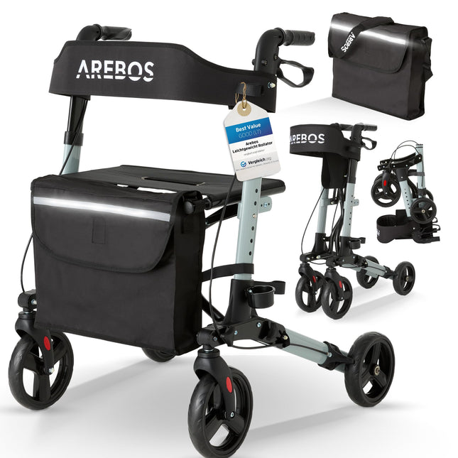 Arebos vieglais alumīnija rollators | Ceļojuma rollators ar 6 augstuma regulēšanu | Salokāms | Iekļauts spieķa turētājs un noņemama iepirkumu soma | Staigāšanas rāmis ar bloķēšanas funkciju | Melns