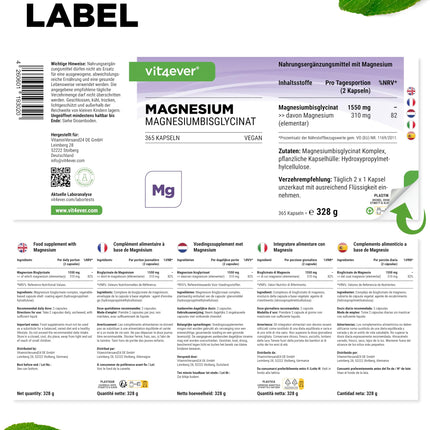 Magnija bisglicināts - 365 kapsulas - Premium: Helatēts magnijs - 155 mg elementārā magnija vienā kapsulā - Laboratorijā pārbaudīts - Vegāns - Augsta deva