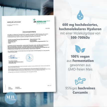 180 hialuronskābes kapsulas ar augstu cinka devu - 600 mg hialuronskābes ar kurkumīnu un zaļās tējas ekstraktu - vegānas hialuronskābes kapsulas ar biotīnu, selēnu bez piedevām, ražotas Vācijā un laboratorijā pārbaudītas