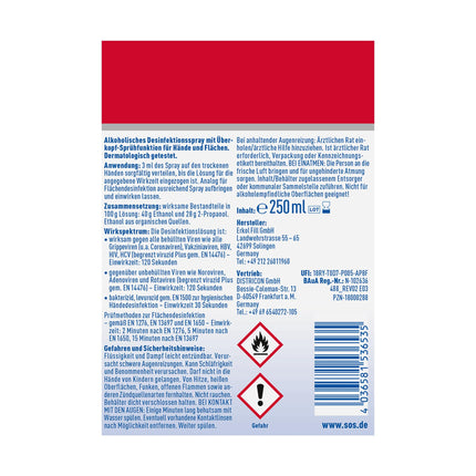 SOS dezinfekcijas aerosols INTENSE rokām + virsmām | iznīcina 99,99% baktēriju, sēnīšu, vīrusu* (piemēram, herpes, gripas un norovīrusus) | paplašināts darbības spektrs**| 9 x 250 ml