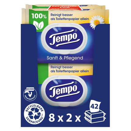 Tempo mitrās tualetes salvetes "Maigas un saudzīgas" - Megapack - 16 iepakojumi pa 42 salvetēm katrā - Duo iepakojumi - ar dabīgām kumelītēm - Tualetes papīrs, dermatoloģiski pārbaudīts un pH neitrāls ādai