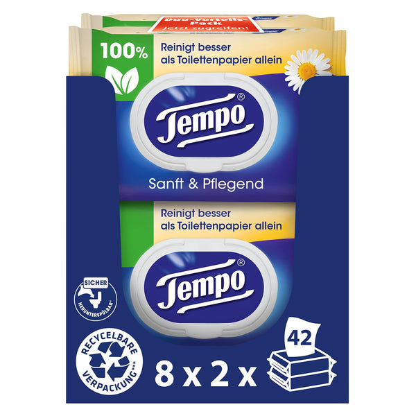 Tempo mitrās tualetes salvetes "Maigas un saudzīgas" - Megapack - 16 iepakojumi pa 42 salvetēm katrā - Duo iepakojumi - ar dabīgām kumelītēm - Tualetes papīrs, dermatoloģiski pārbaudīts un pH neitrāls ādai