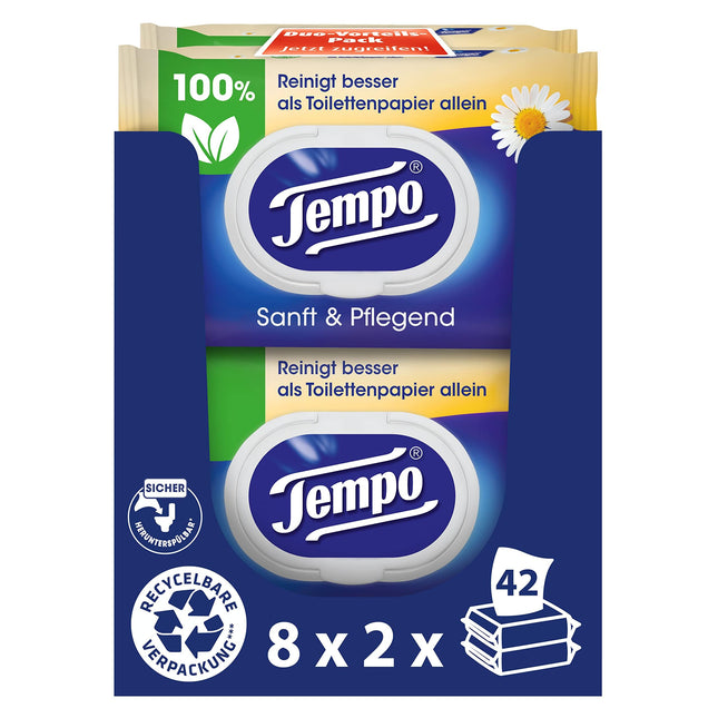 Tempo mitrās tualetes salvetes "Maigas un saudzīgas" - Megapack - 16 iepakojumi pa 42 salvetēm katrā - Duo iepakojumi - ar dabīgām kumelītēm - Tualetes papīrs, dermatoloģiski pārbaudīts un pH neitrāls ādai