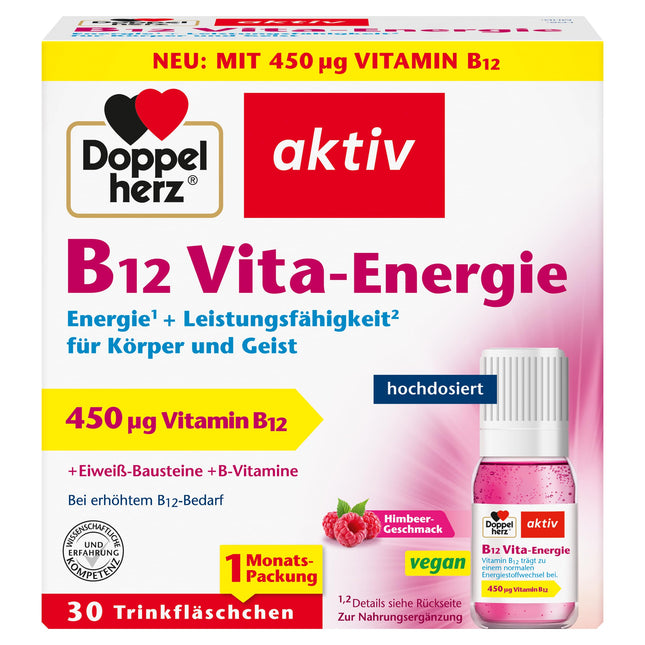 Doppelherz B12 Vita-Energie - vegāns un ar augstu B12 vitamīna devu katrā flakonā - 30 flakoni ar aveņu garšu