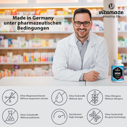 MSM kapsulas + C vitamīns, augsta deva, 360 kapsulas 6 mēnešiem, 1334 mg organiskā sēra pulvera dienā, 99,9% tīrs metilsulfonilmetāns, uztura bagātinātājs bez piedevām, ražots Vācijā