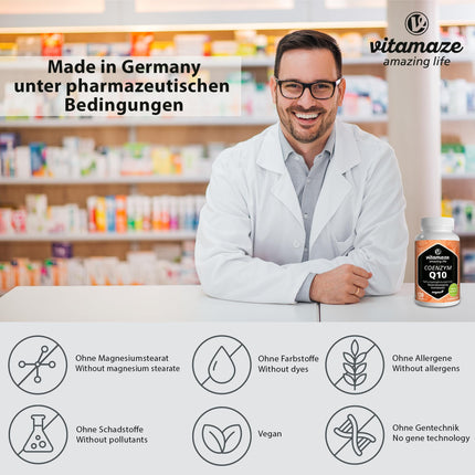 Koenzīms Q10 lielā devā, 200 mg vienā kapsulā, vegāns, 120 kapsulas 4 mēnešiem, 98% ubikinons ar optimālu biopieejamību, bez nevajadzīgām piedevām, ražots Vācijā