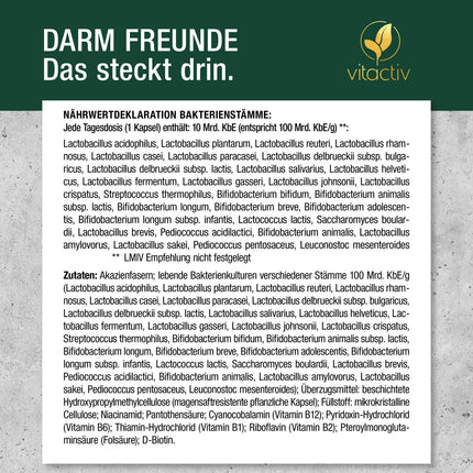 VITACTIV Intestinal Friends - probiotisko kultūru komplekss - 60 probiotiķu kapsulas - 30 baktēriju celmi, 100 miljardi CFU/g - laktobacilas un bifidobaktērijas, akācijas šķiedrvielas kā prebiotika, 8 B vitamīni